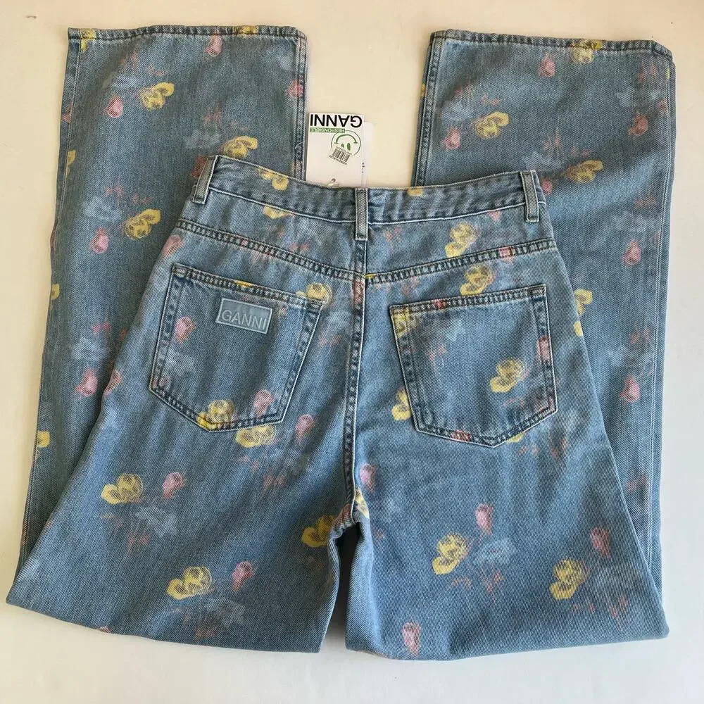 GANNI Magny Indigo Print Organic Cotton Jeans Bleach Blue - Picture 8 of 9